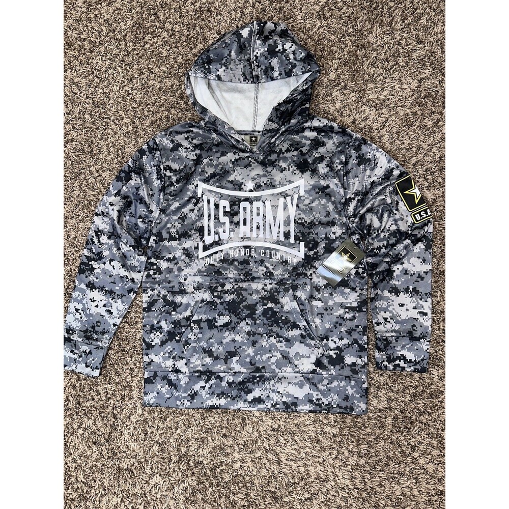 US Army Kids Digital Camo Hoodie Grey Black Performance Sweatshirt Large NEW